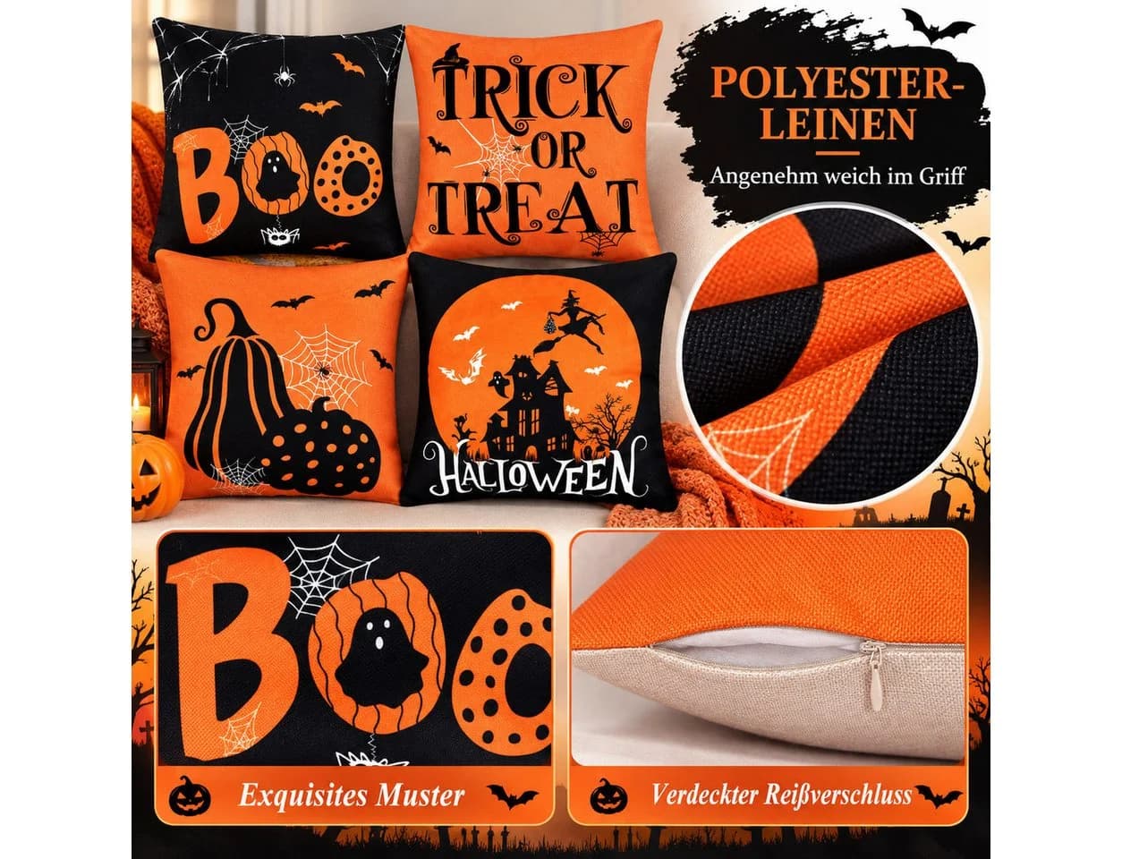 Sorvyzxn Kissenbezüge Halloween 4er Set Grün Orange Schwarz