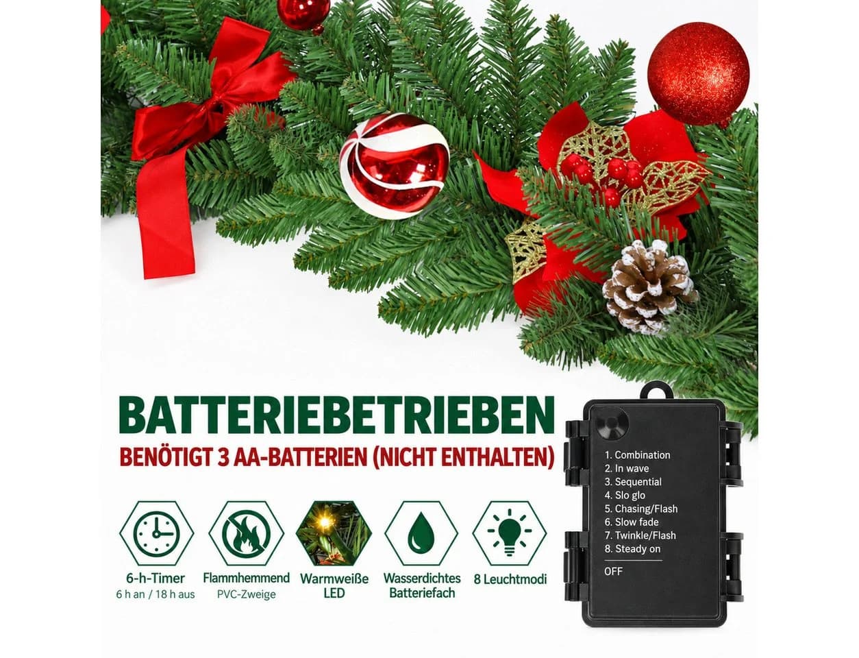nsihing LED-Girlande 2,7m 30 LED 8 Modi Timer Weihnachten - Bild 4