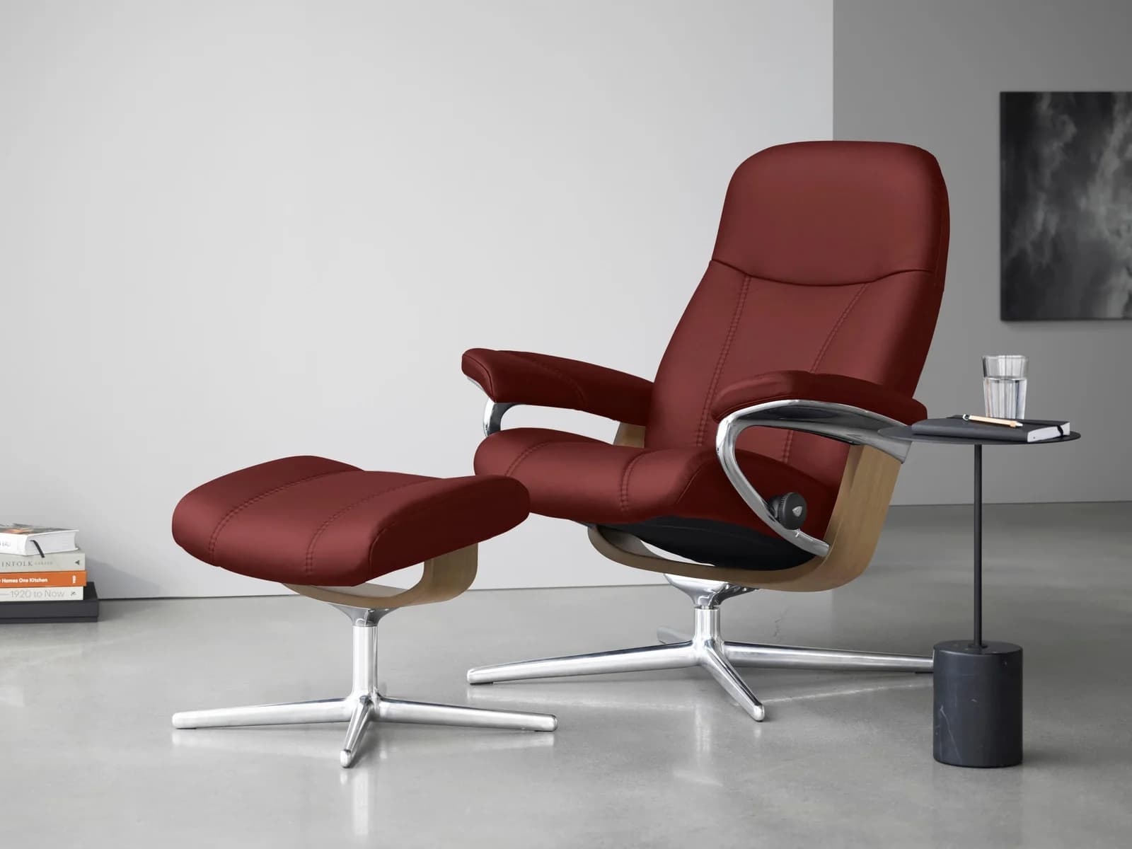 STRESSLESS Consul Relaxsessel rot Leder PALOMA mit Hocker