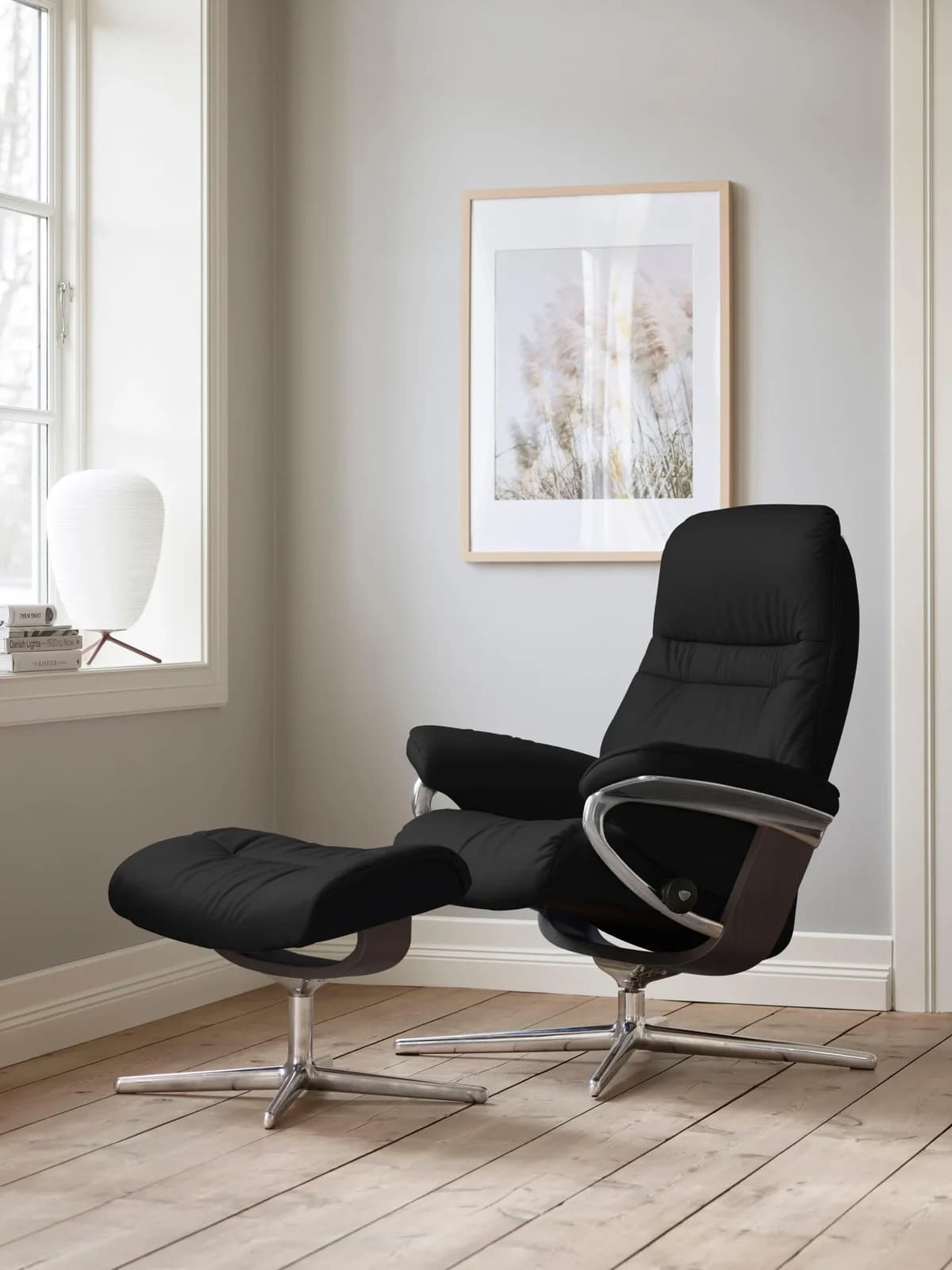 STRESSLESS Sunrise Fußhocker Schwarz BATICK Leder Cross Base