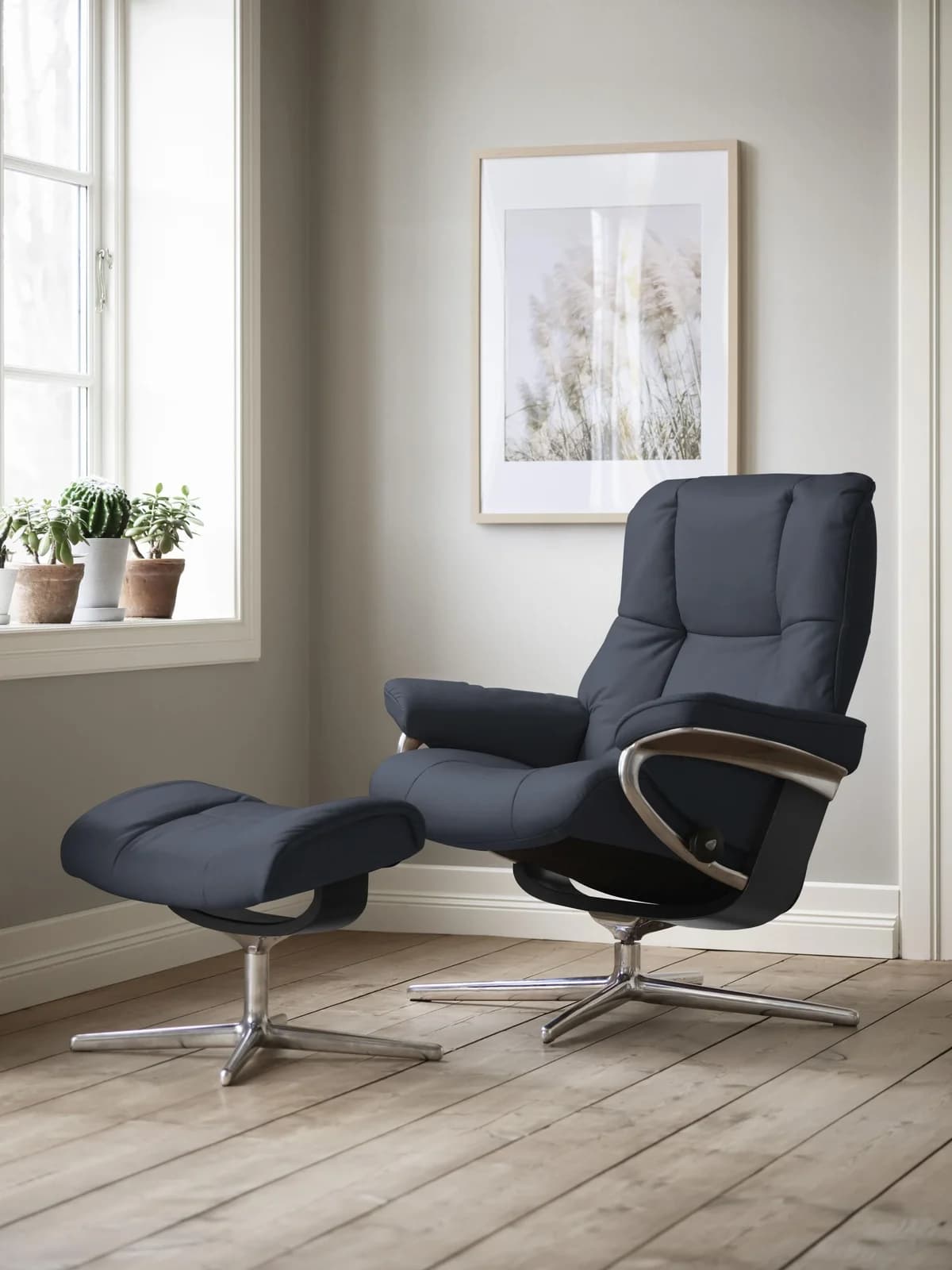 STRESSLESS Mayfair Relaxsessel Blau Leder mit Hocker Cross Base