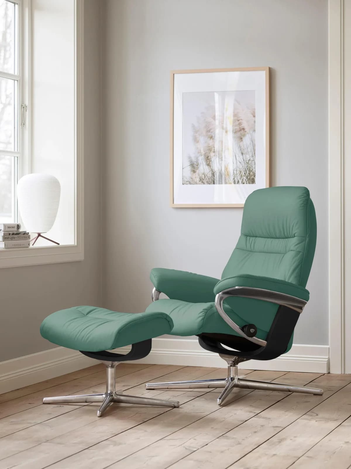 STRESSLESS Sunrise Relaxsessel Grün Leder PALOMA mit Hocker Cross Base