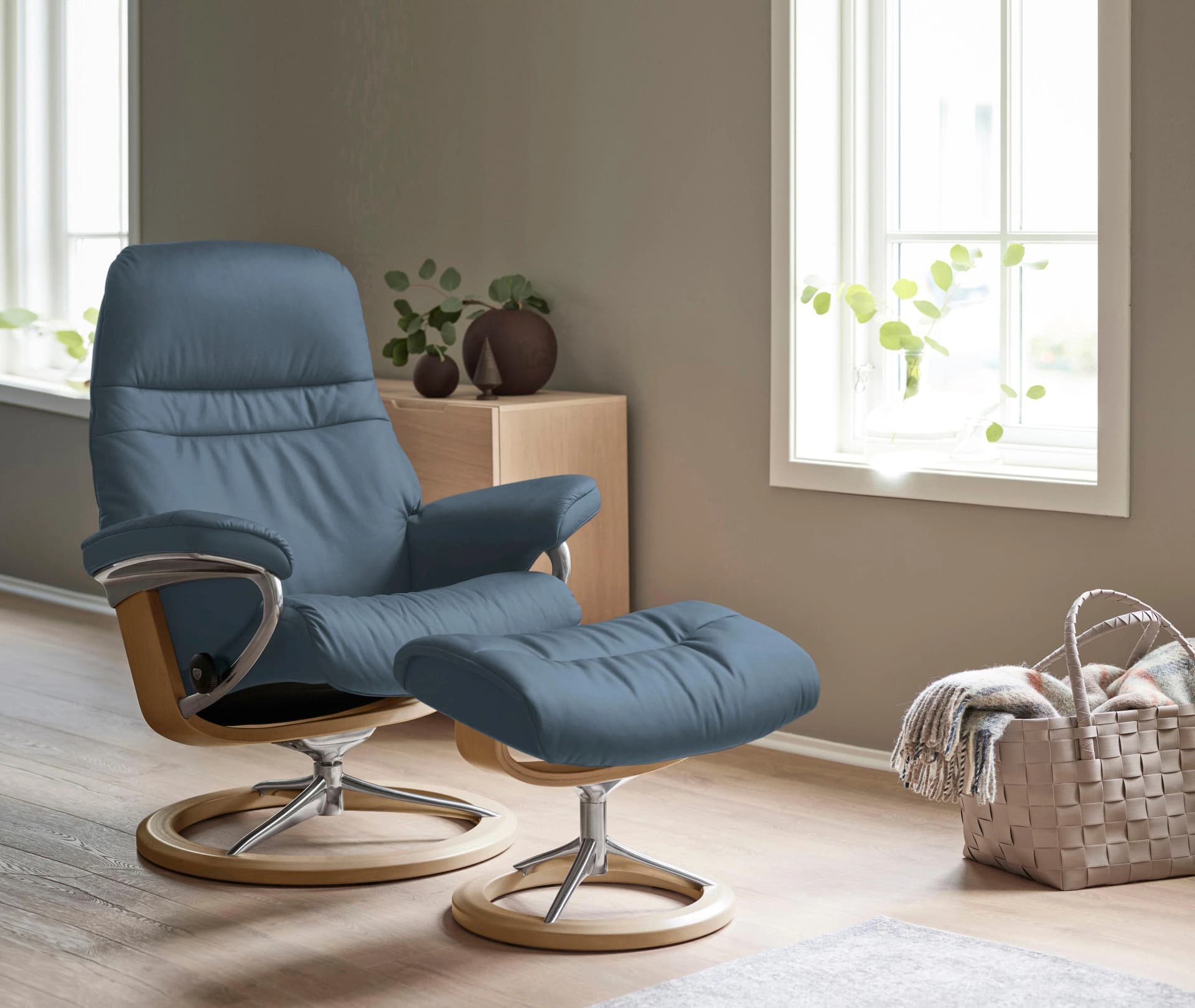 STRESSLESS Relaxsessel Sunrise Blau Leder Signature Base