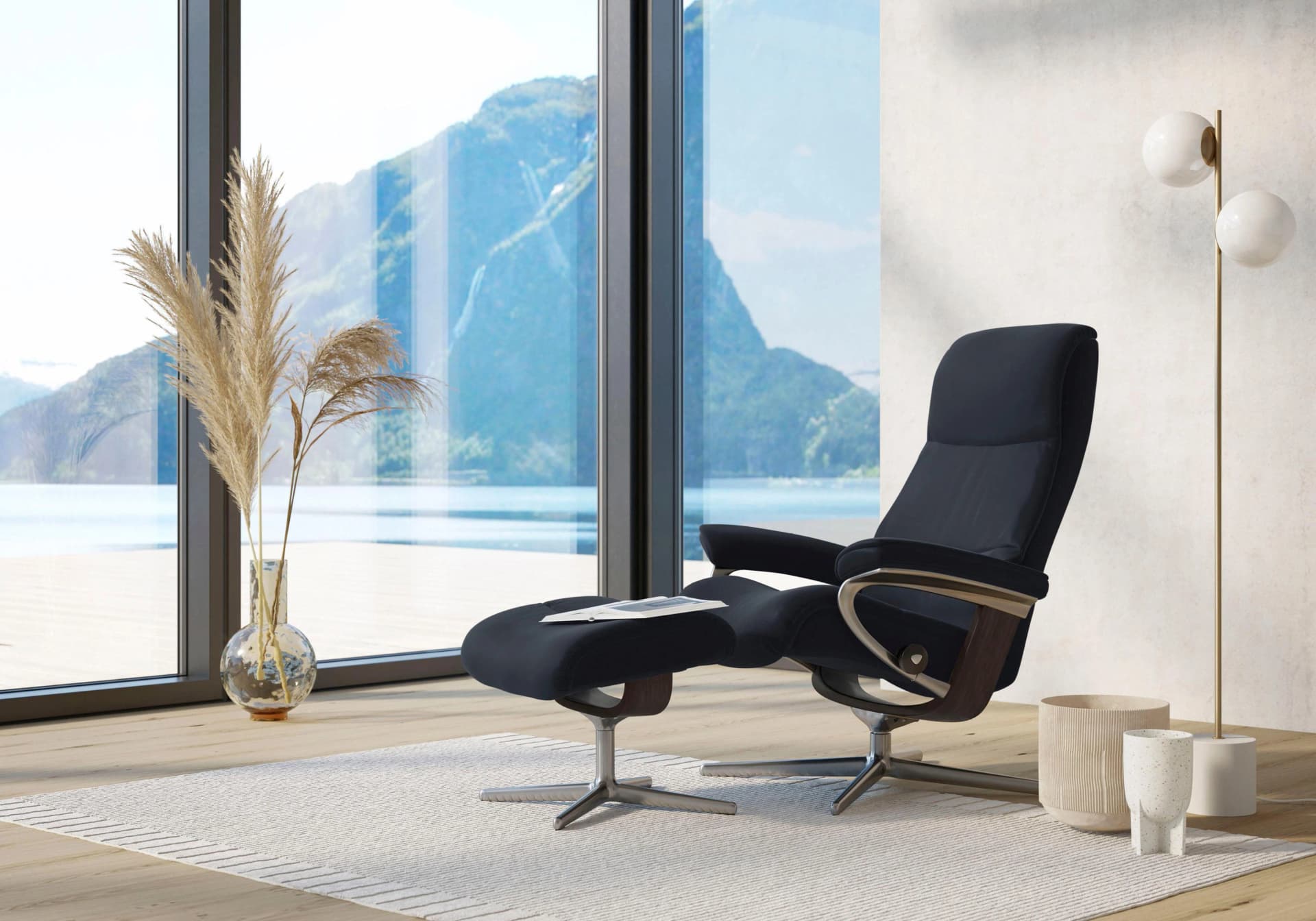 STRESSLESS Fußhocker View blau Leder PALOMA Cross Base