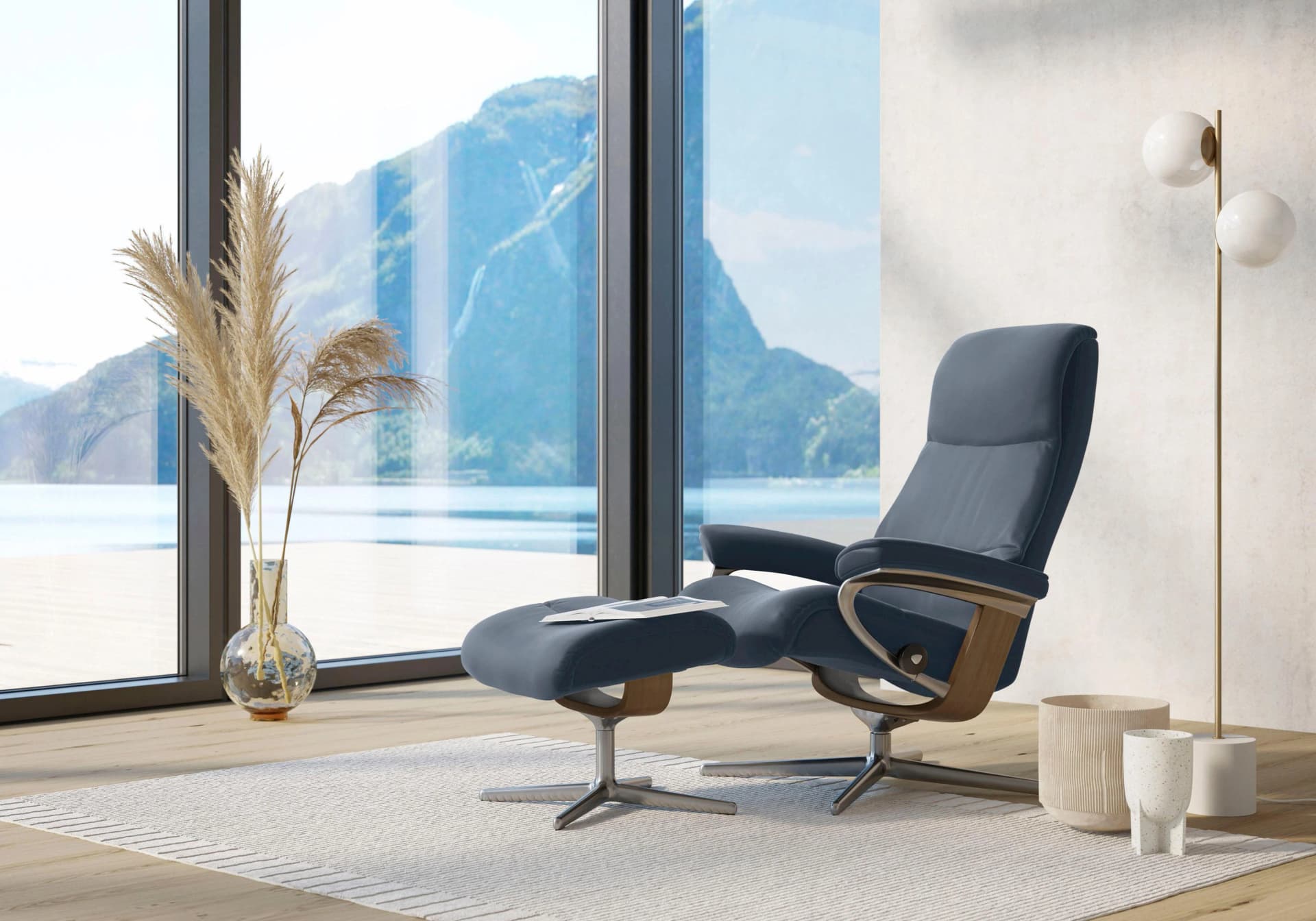 STRESSLESS Relaxsessel View Blau Leder PALOMA mit Hocker