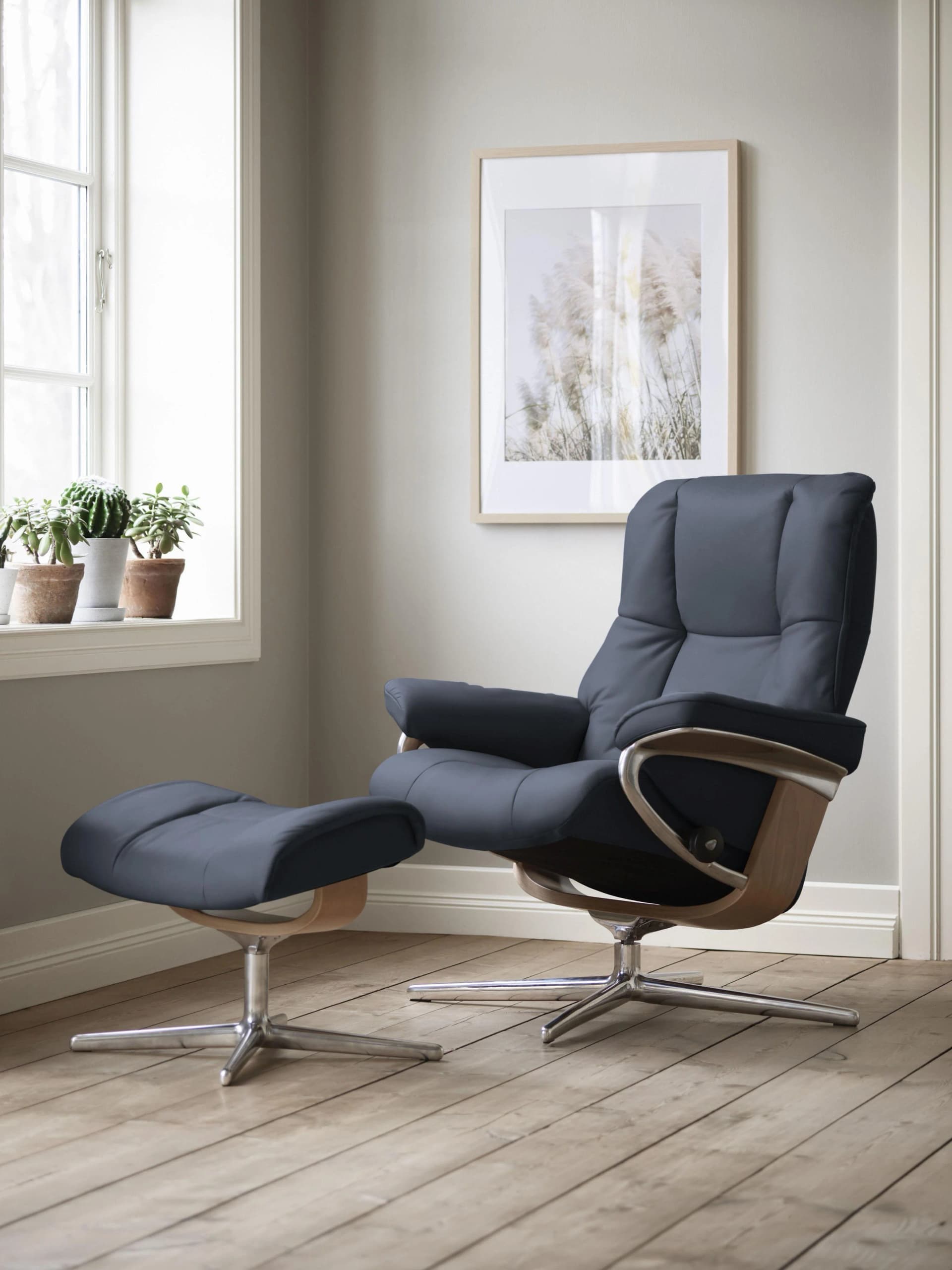 STRESSLESS Mayfair Relaxsessel Blau Microfaser mit Hocker Cross Base