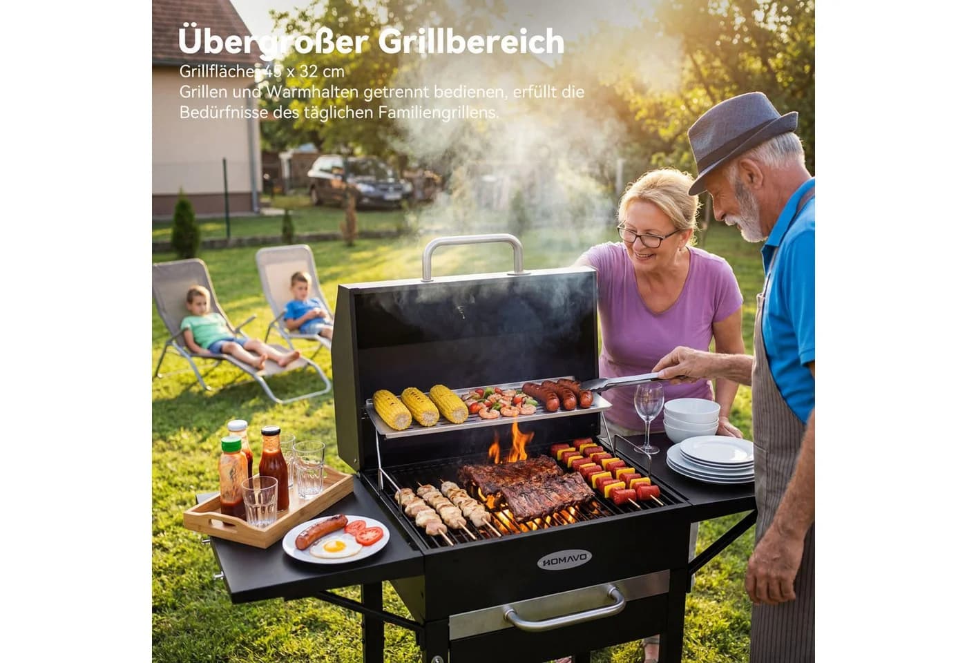 HOMAVO Holzkohlegrill mit Deckel & Seitentischen, höhenverstellbar