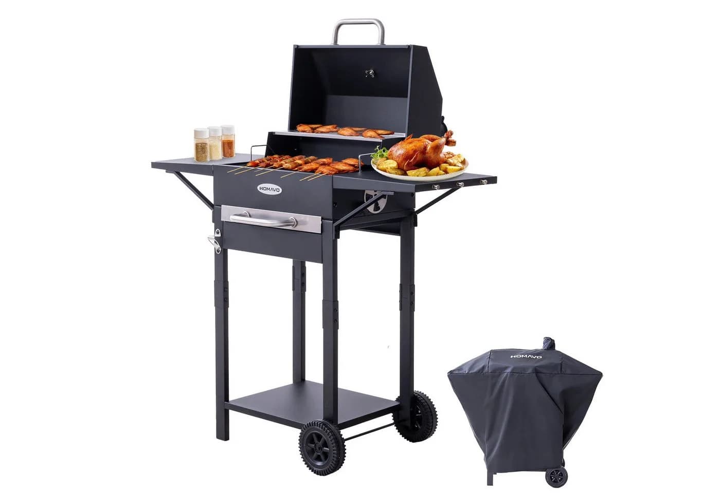 HOMAVO Holzkohlegrill mit Deckel & Seitentischen, höhenverstellbar - Bild 2