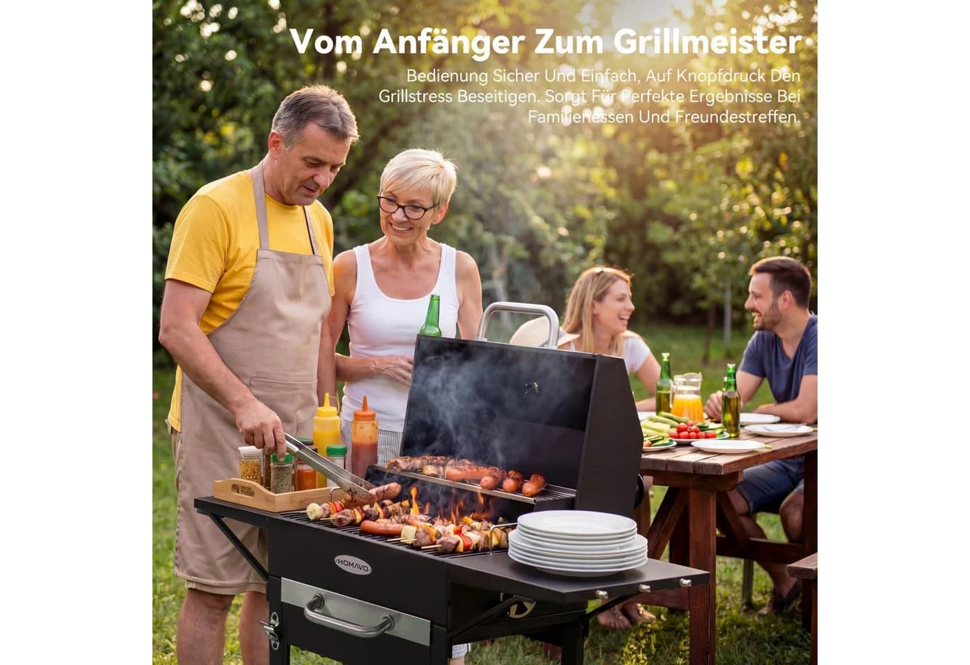 HOMAVO Holzkohlegrill mit Deckel & Seitentischen, höhenverstellbar - Bild 4