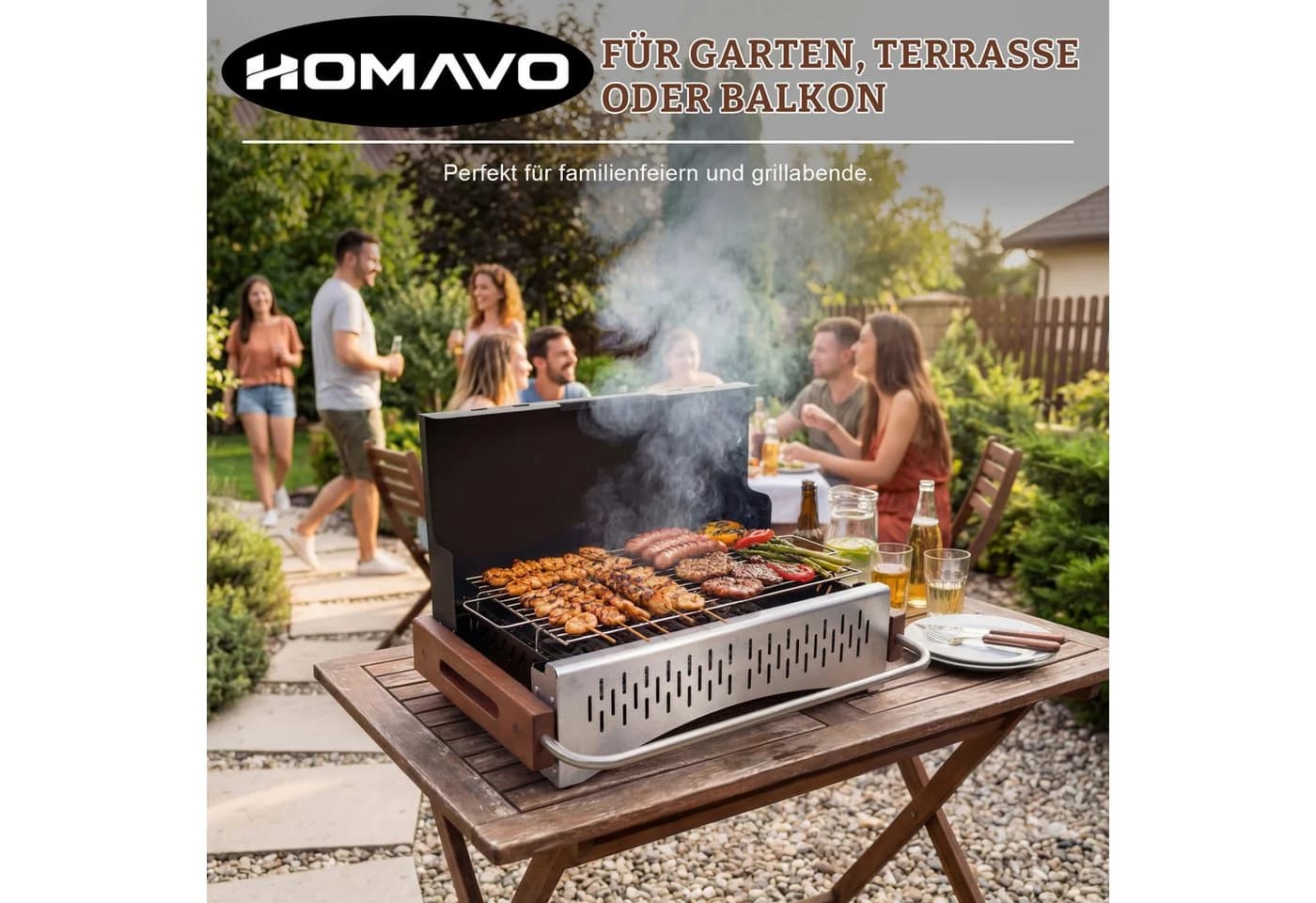 HOMAVO Tragbarer Holzkohlegrill Klappbar Edelstahl Schwarz