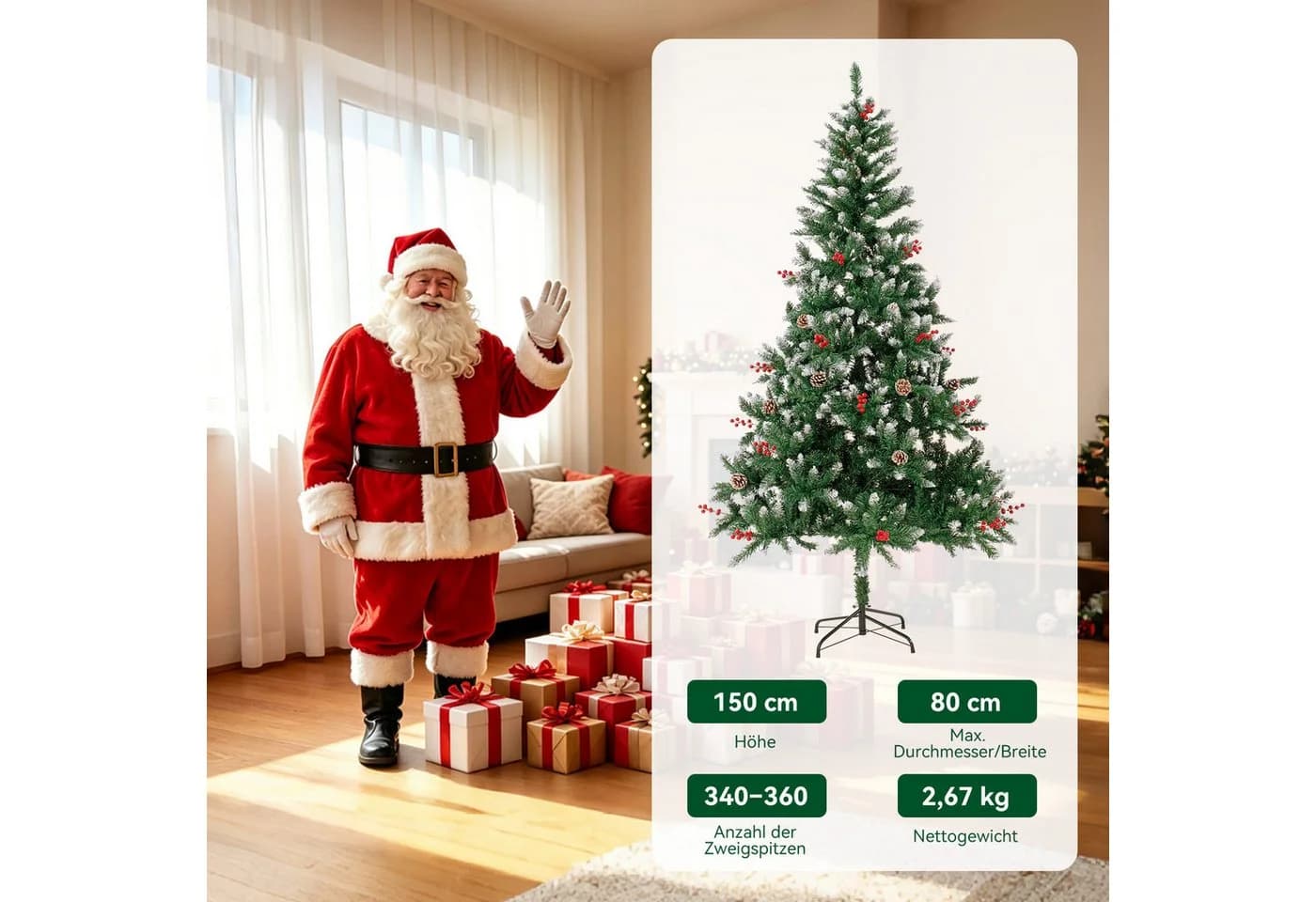 HOMAVO Künstlicher Weihnachtsbaum mit Schnee, Tannenzapfen & Beeren