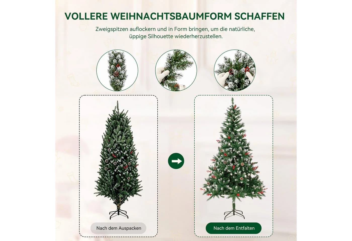 HOMAVO Künstlicher Weihnachtsbaum mit Schnee, Tannenzapfen & Beeren - Bild 3