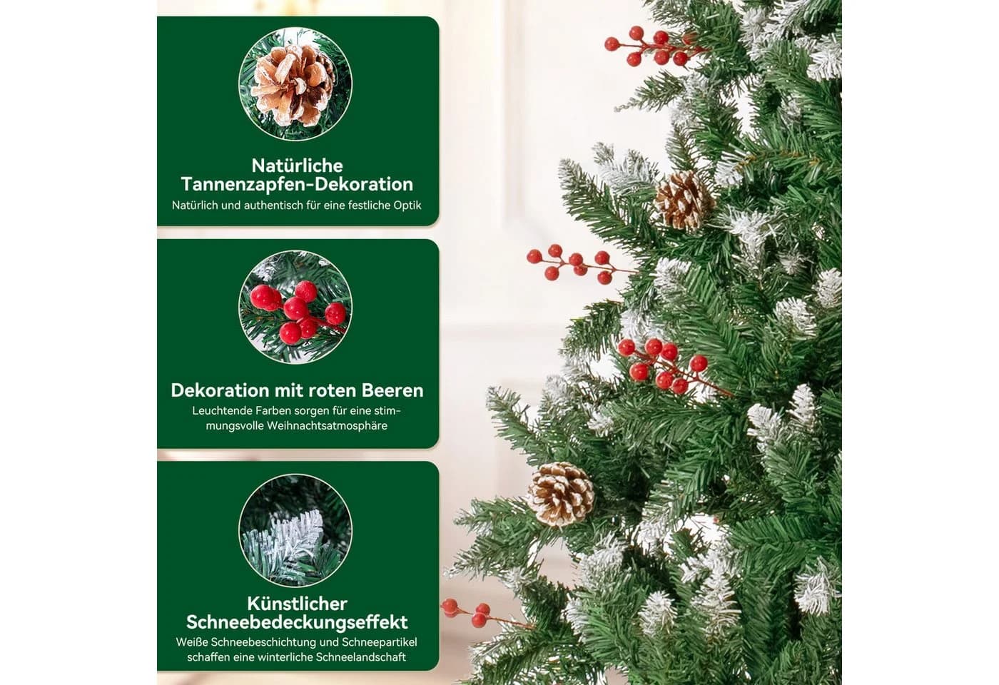 HOMAVO Künstlicher Weihnachtsbaum mit Schnee, Tannenzapfen & Beeren - Bild 4