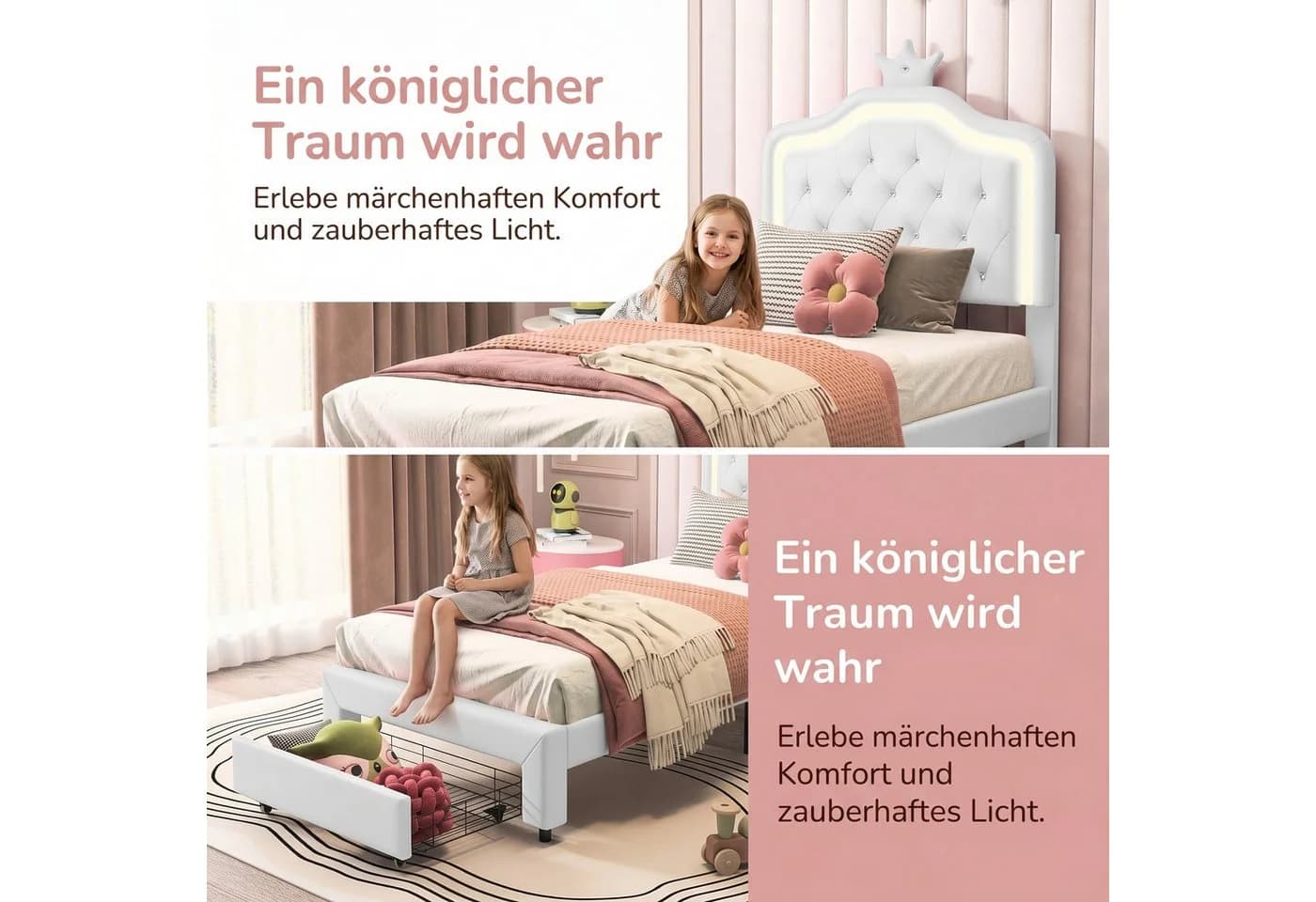 FUROKOY Polsterbett 90x200cm Weiß mit höhenverstellbarem Kopfteil