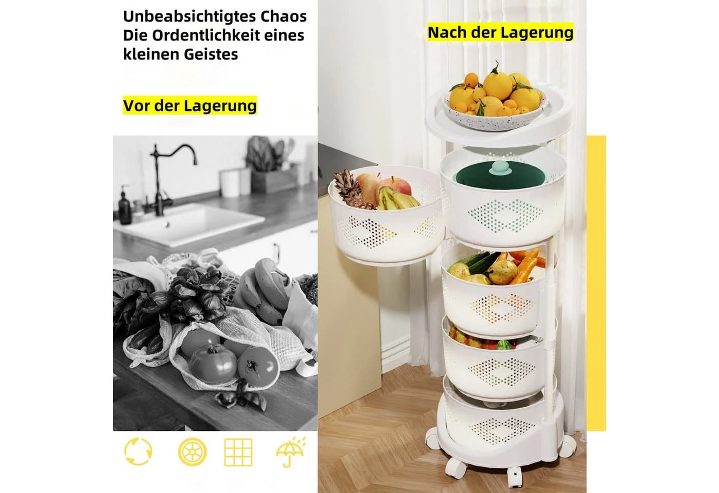 Rutaqian Küchen-Aufbewahrungswagen 5-stufiger Drehkorb mit Rollen Weiß - Bild 4