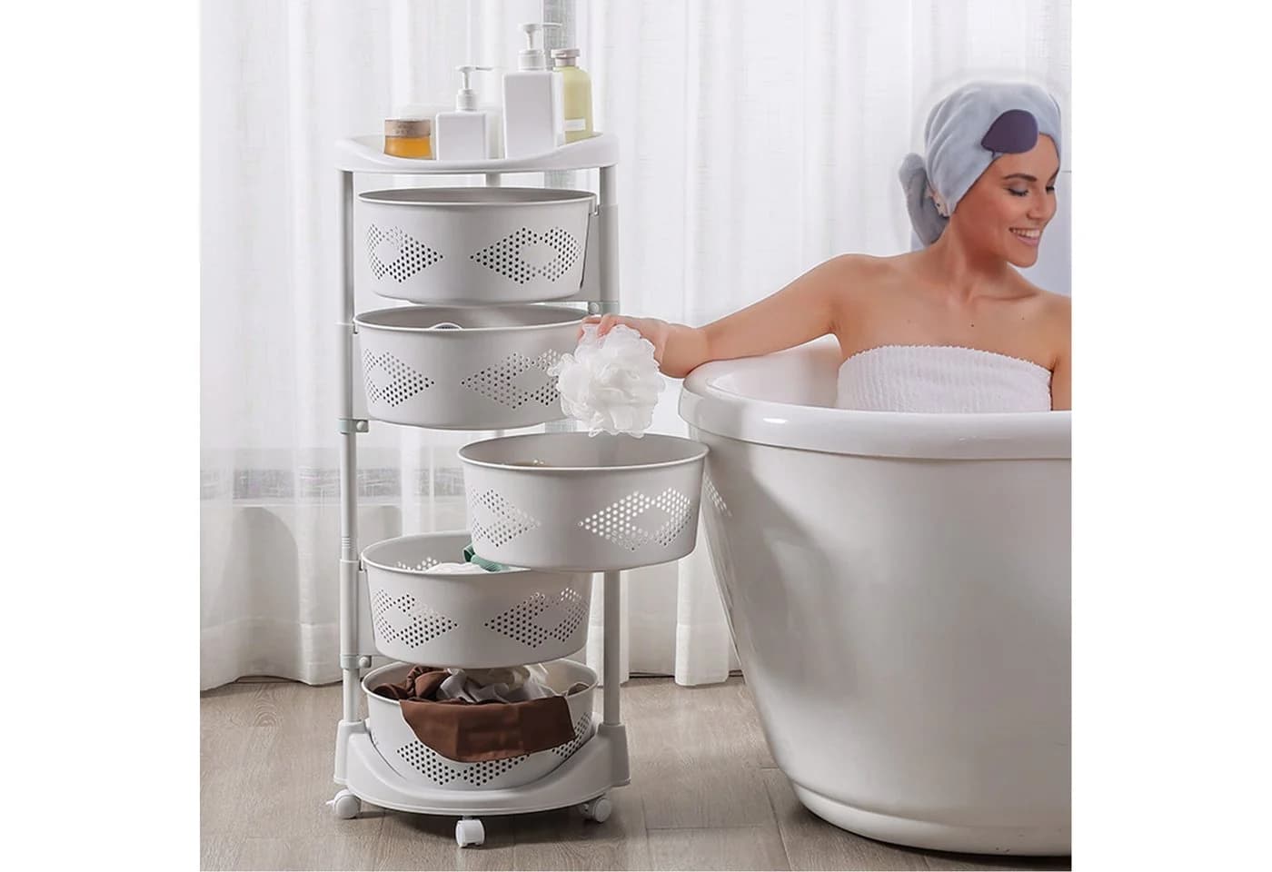 Rutaqian Küchen-Aufbewahrungswagen 5-stufiger Drehkorb mit Rollen Weiß - Bild 5