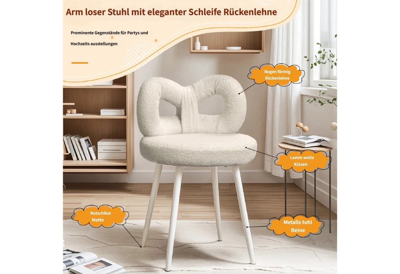 Rutaqian Stuhl mit Bowknot Rückenlehne, Make-Up Stuhl, Einstellbare Fuß Pads, Armless, Dressing Stuhl Seite Tisch Sitz - Bild 3