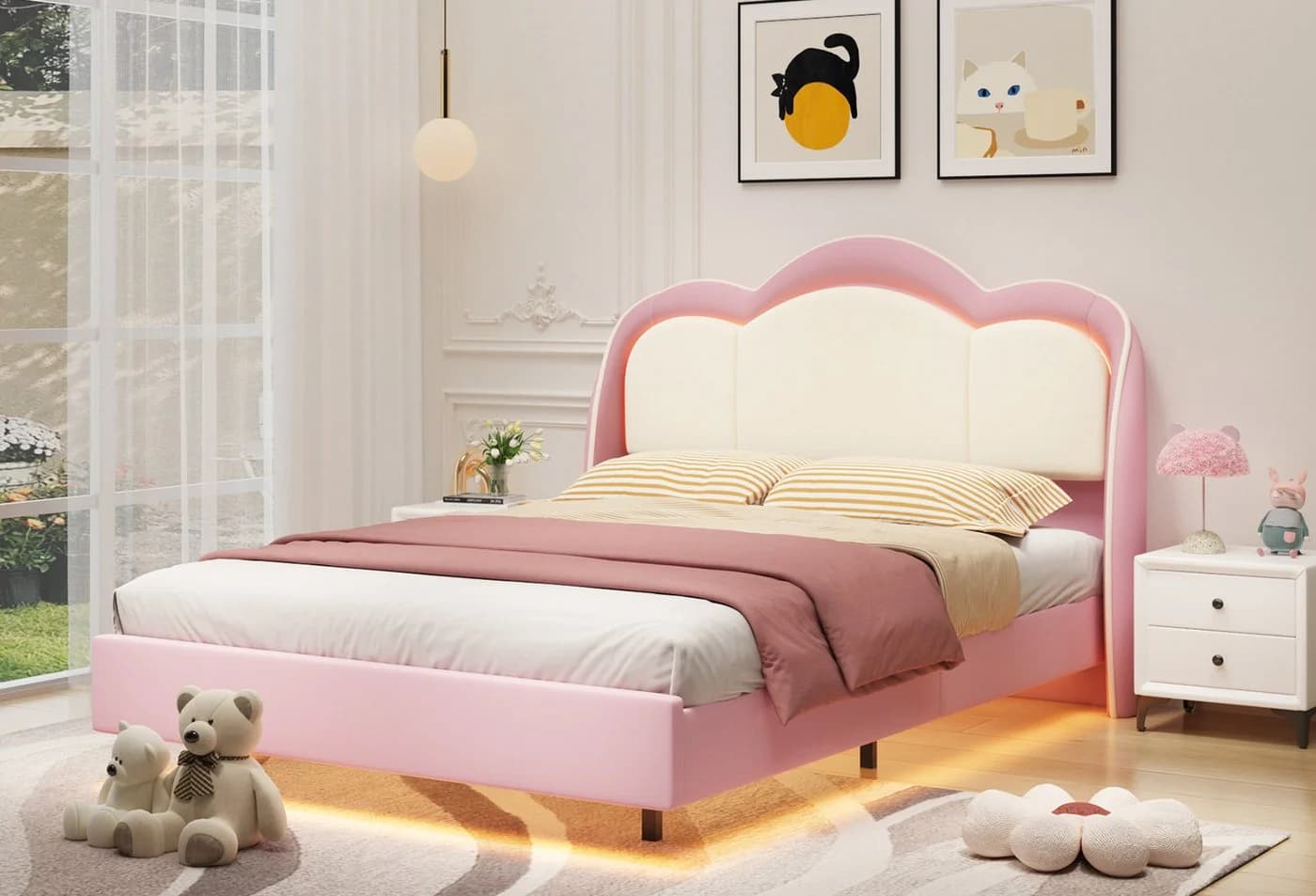 HOMAVO Kinderbett Polsterbett Wolken-Design LED-Beleuchtung