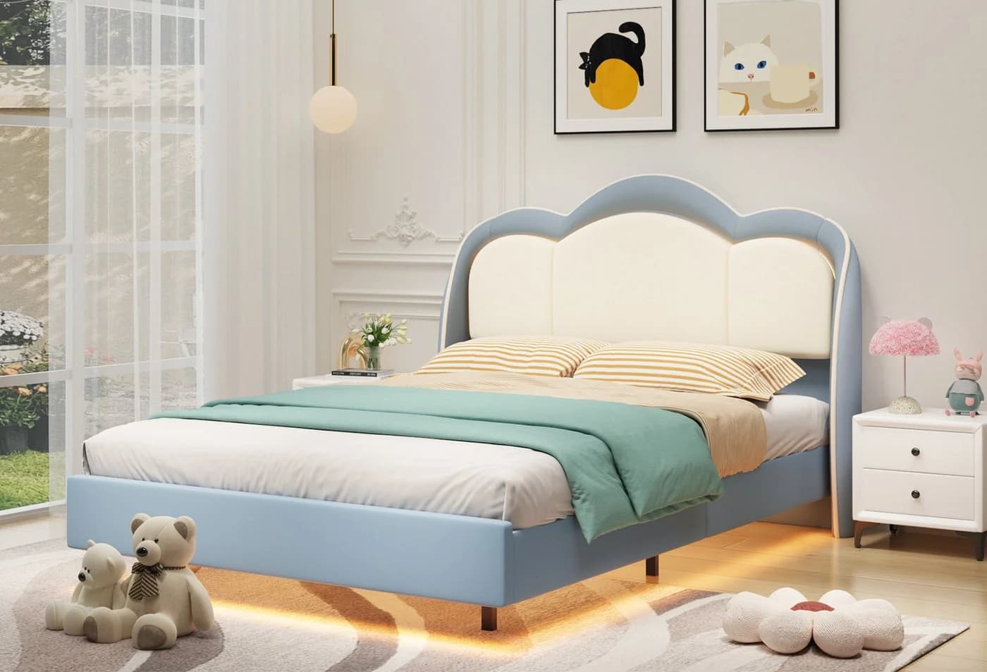 HOMAVO Kinderbett Polsterbett LED-Beleuchtung Wolken-Design