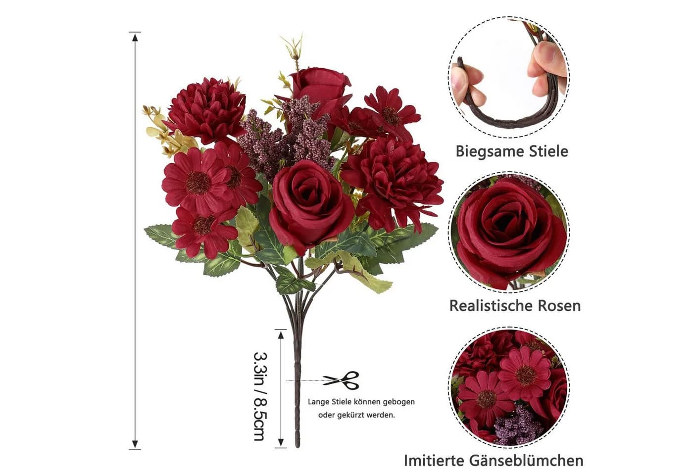 Bomiclss Künstliche Blumensträuße 2er Set Burgunderrot Seide - Bild 3