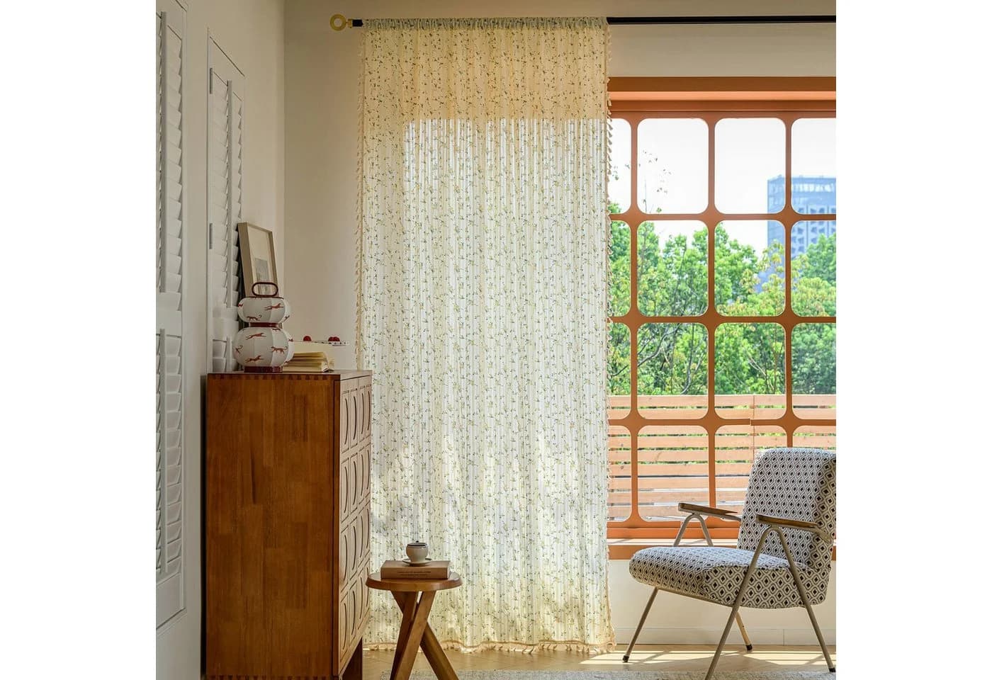 Zyronn Vorhang Gardine Beige Blumenmuster Quasten Stangendurchzug