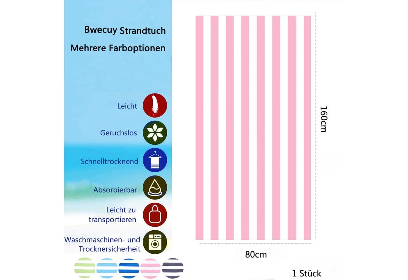 Bwecuy Strandtuch Rosa Mikrofaser 80x160 cm