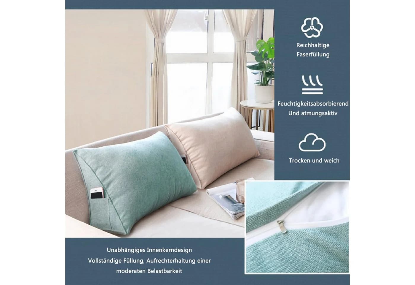 Agger Rückenkissen Grau Multifunktionales 3-in-1 Kissen mit Leinenbezug