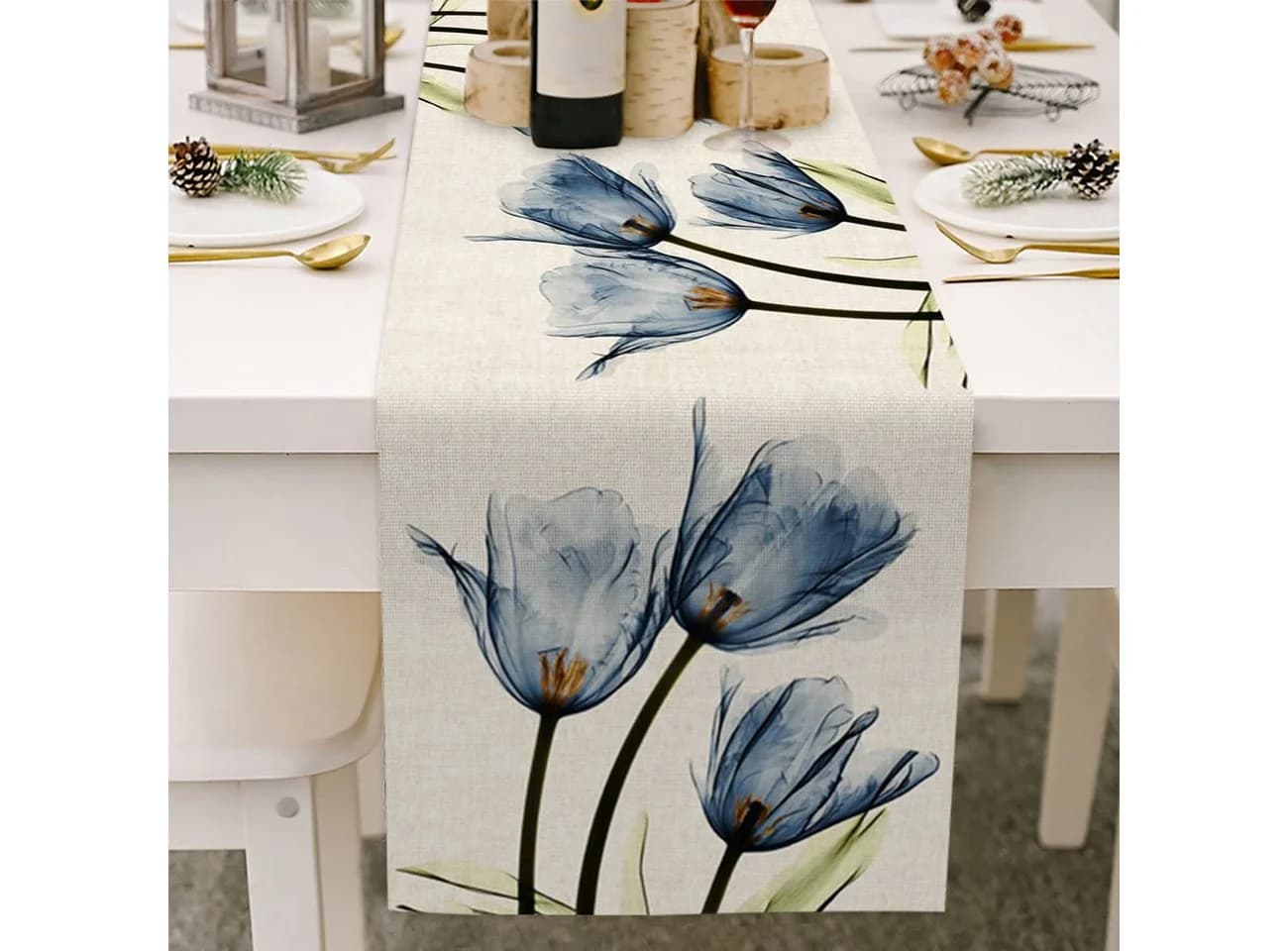 Diwzbyn Tischläufer Leinen Tulpenmotiv Orange 33x183cm