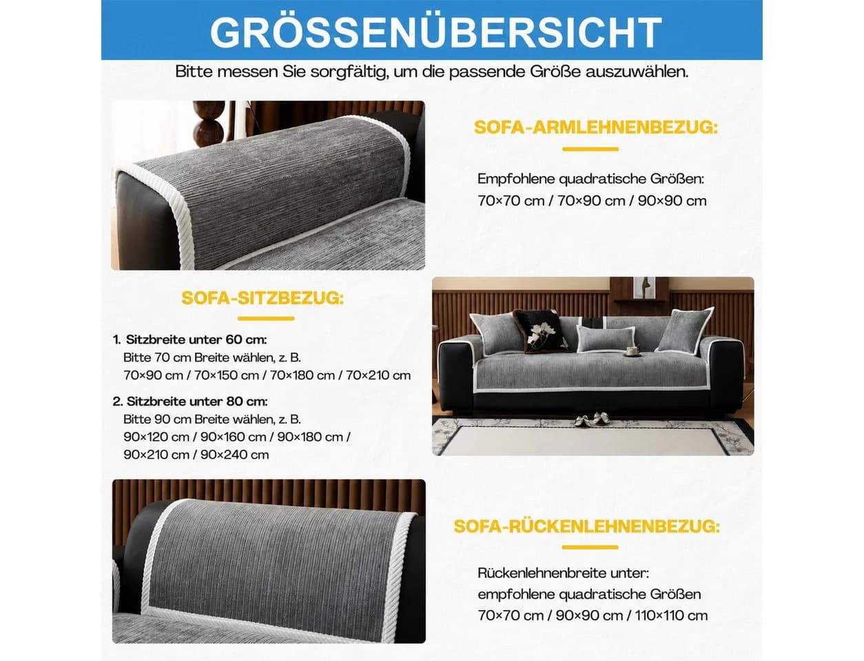 Diwzbyn Sofaschoner Hellgrau Rutschfest Chenille - Bild 4