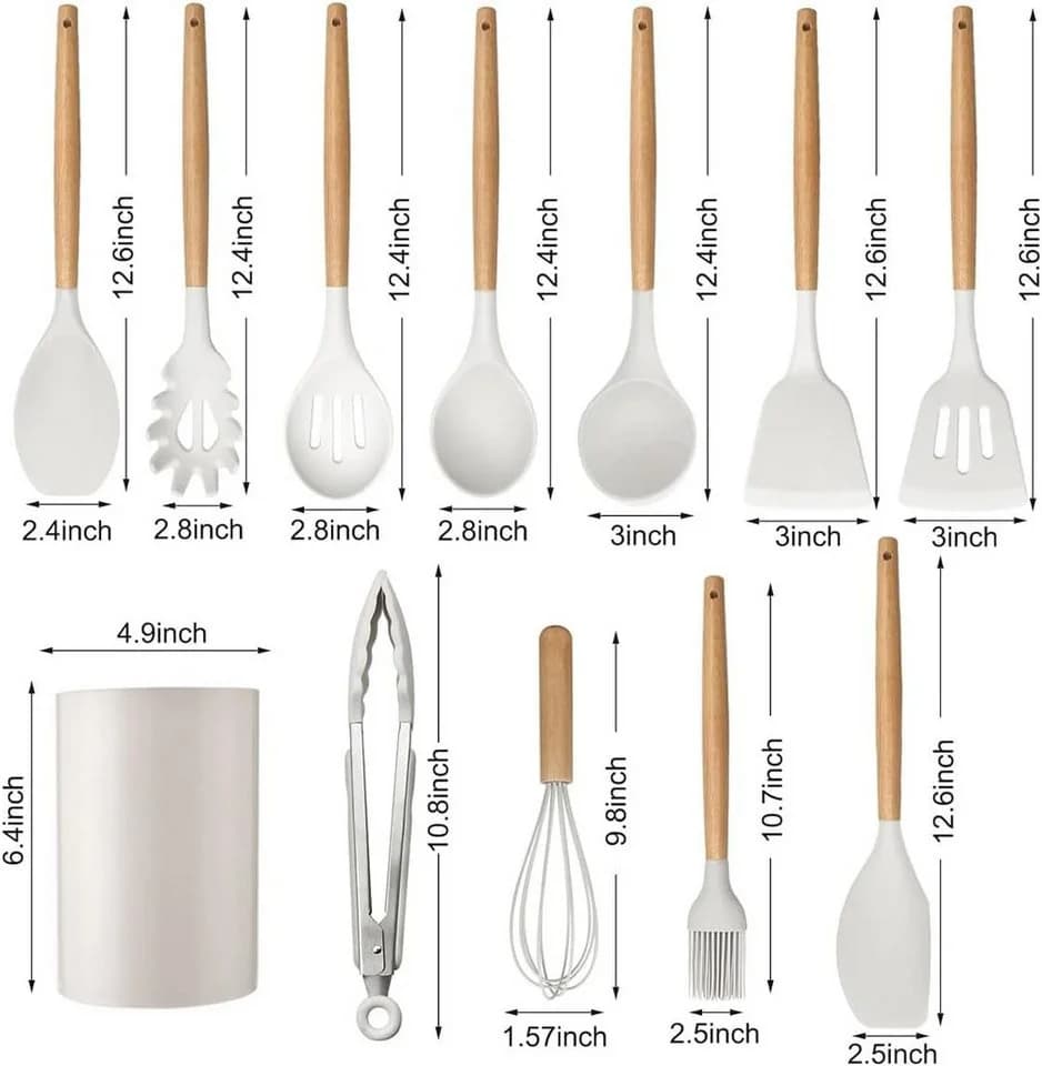 Zyronn 12-teiliges Silikon-Kochbesteck-Set mit Holzgriffen und Halter