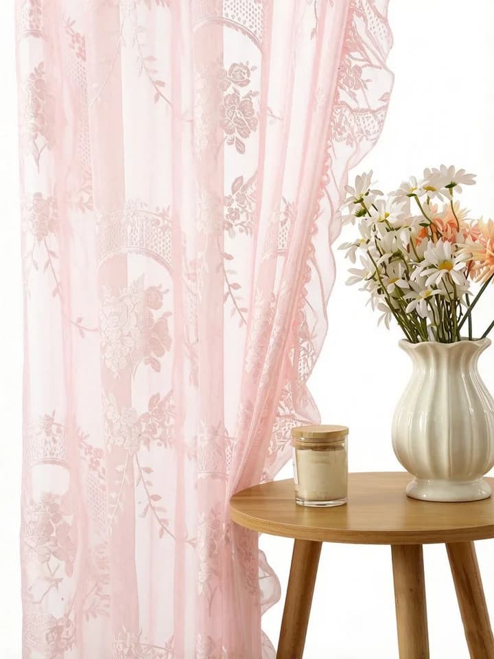 Diwzbyn Spitzenvorhang 2er-Set Rosa mit Bartasche - Bild 2