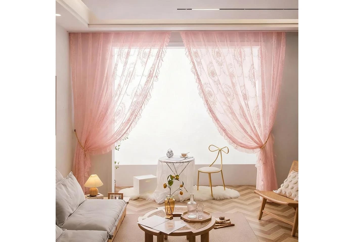 Diwzbyn Spitzenvorhang 2er-Set Rosa mit Bartasche - Bild 3
