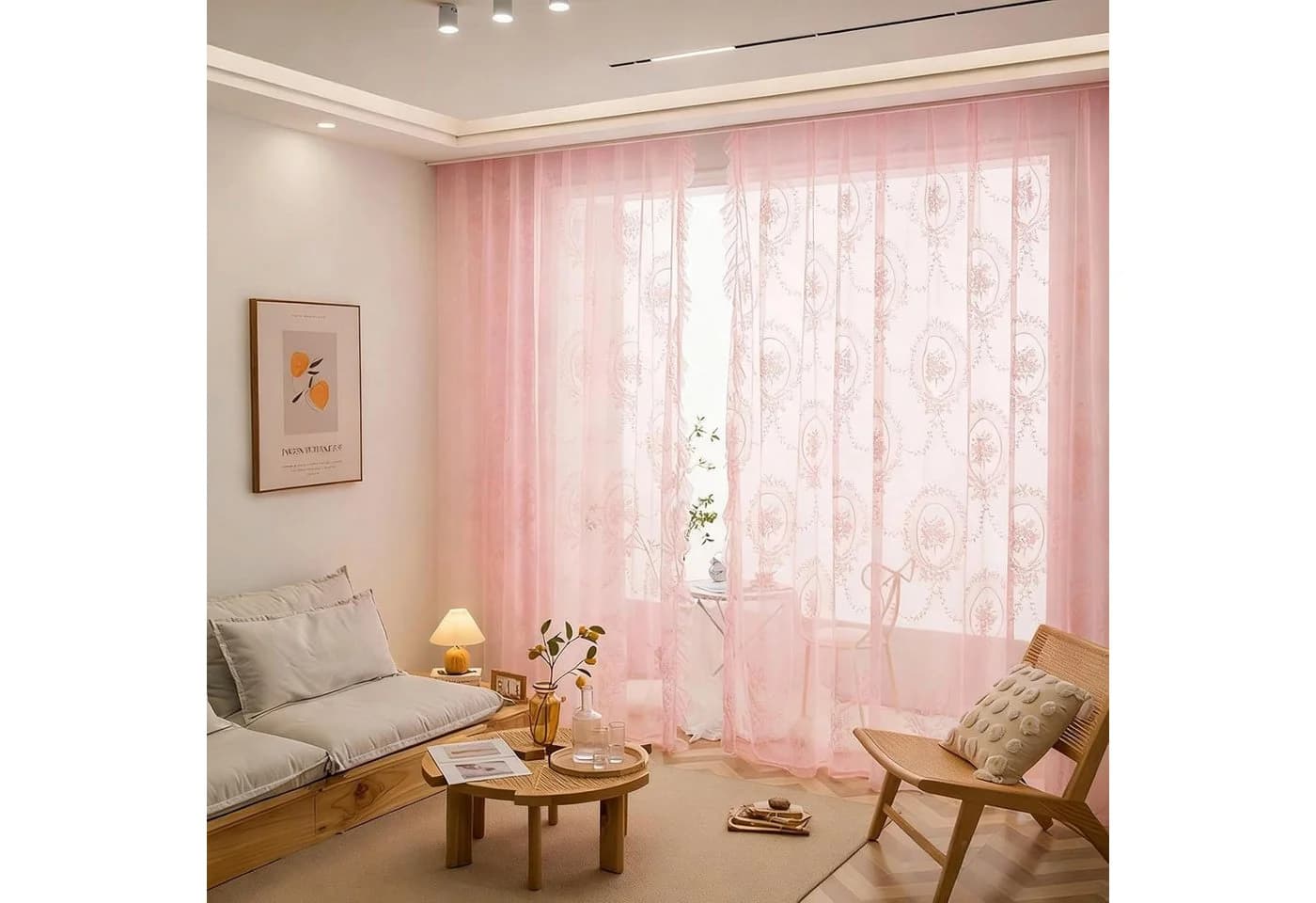 Diwzbyn Spitzenvorhang 2er-Set Rosa mit Bartasche - Bild 4