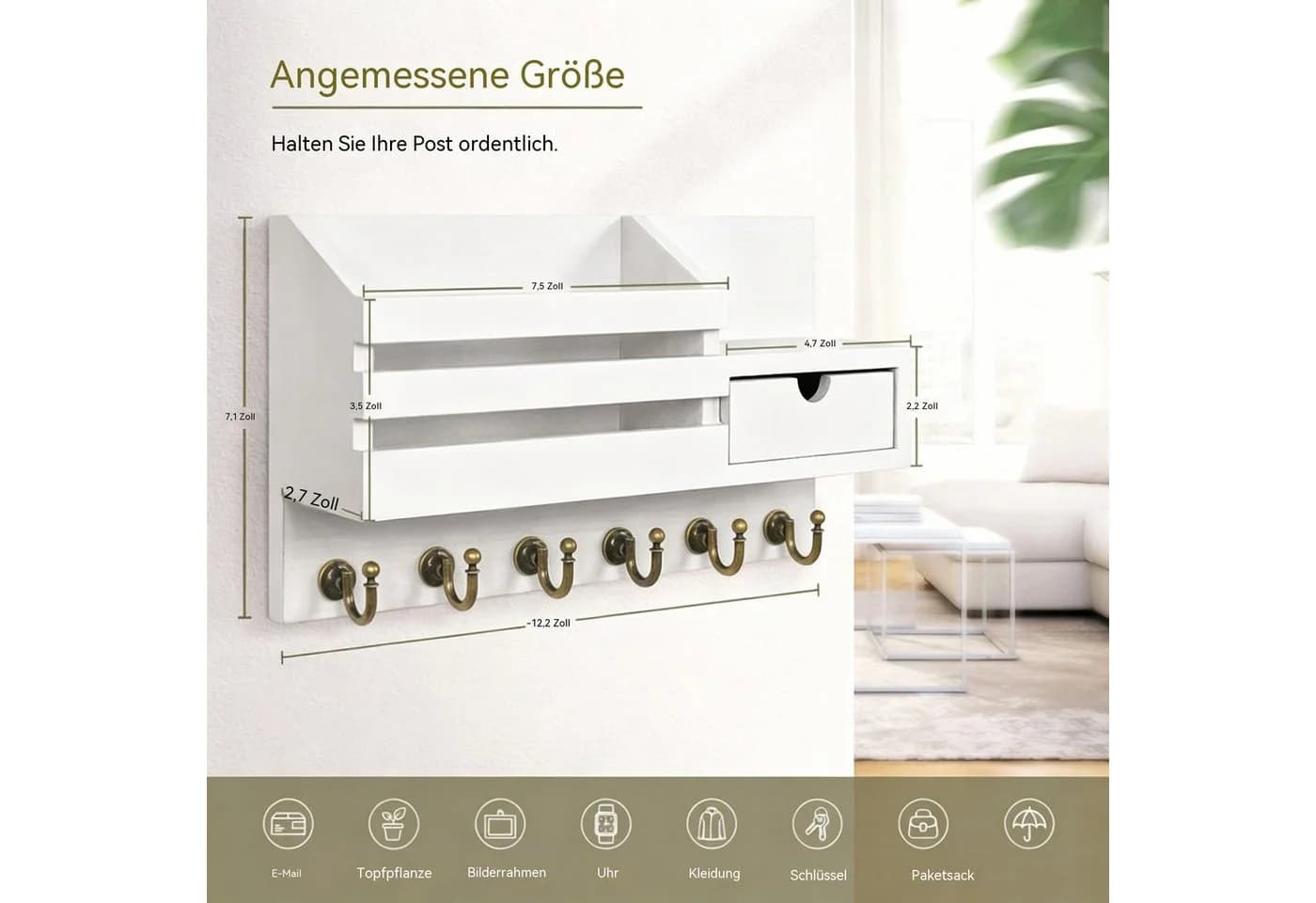Diwzbyn Wand-Schlüsselbrett mit 6 Haken, Brieffächern & Schublade Schwarz - Bild 4