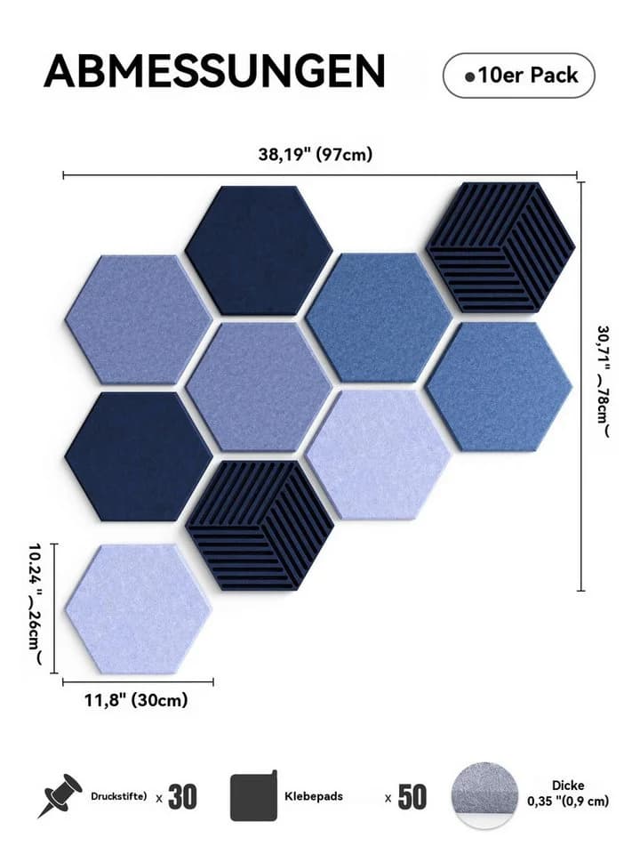 Agger Filz-Pinnwand-Set 10-tlg. Sechseckig Blau mit Klebestreifen