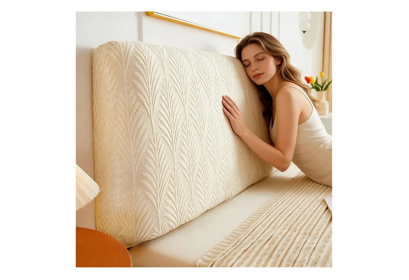 Zyronn Kopfteilbezug Beige Elastisch Waschbar Jacquard-Samt - Bild 2
