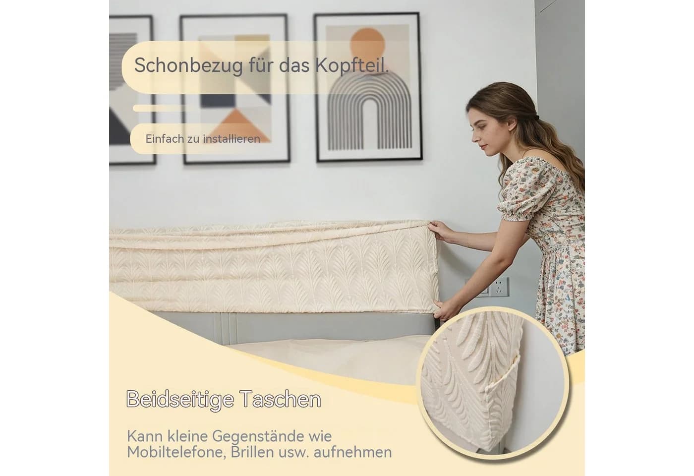 Zyronn Kopfteilbezug Beige Elastisch Waschbar Jacquard-Samt - Bild 4