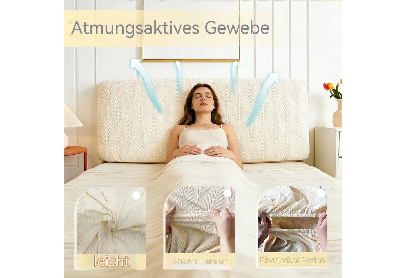 Zyronn Kopfteilbezug Beige Elastisch Waschbar Jacquard-Samt - Bild 5