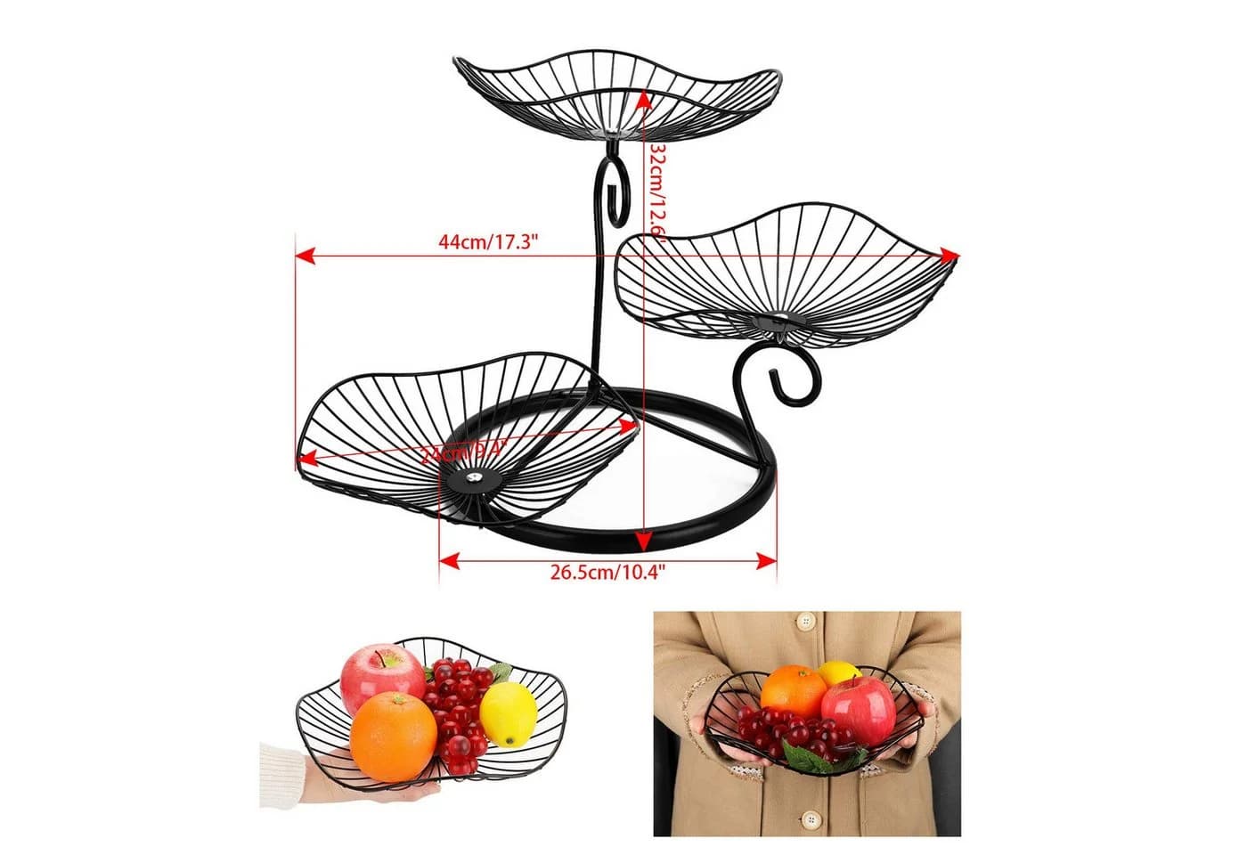 Agger 3-Etagen Obstschale aus Eisen Lotosblatt Design Schwarz