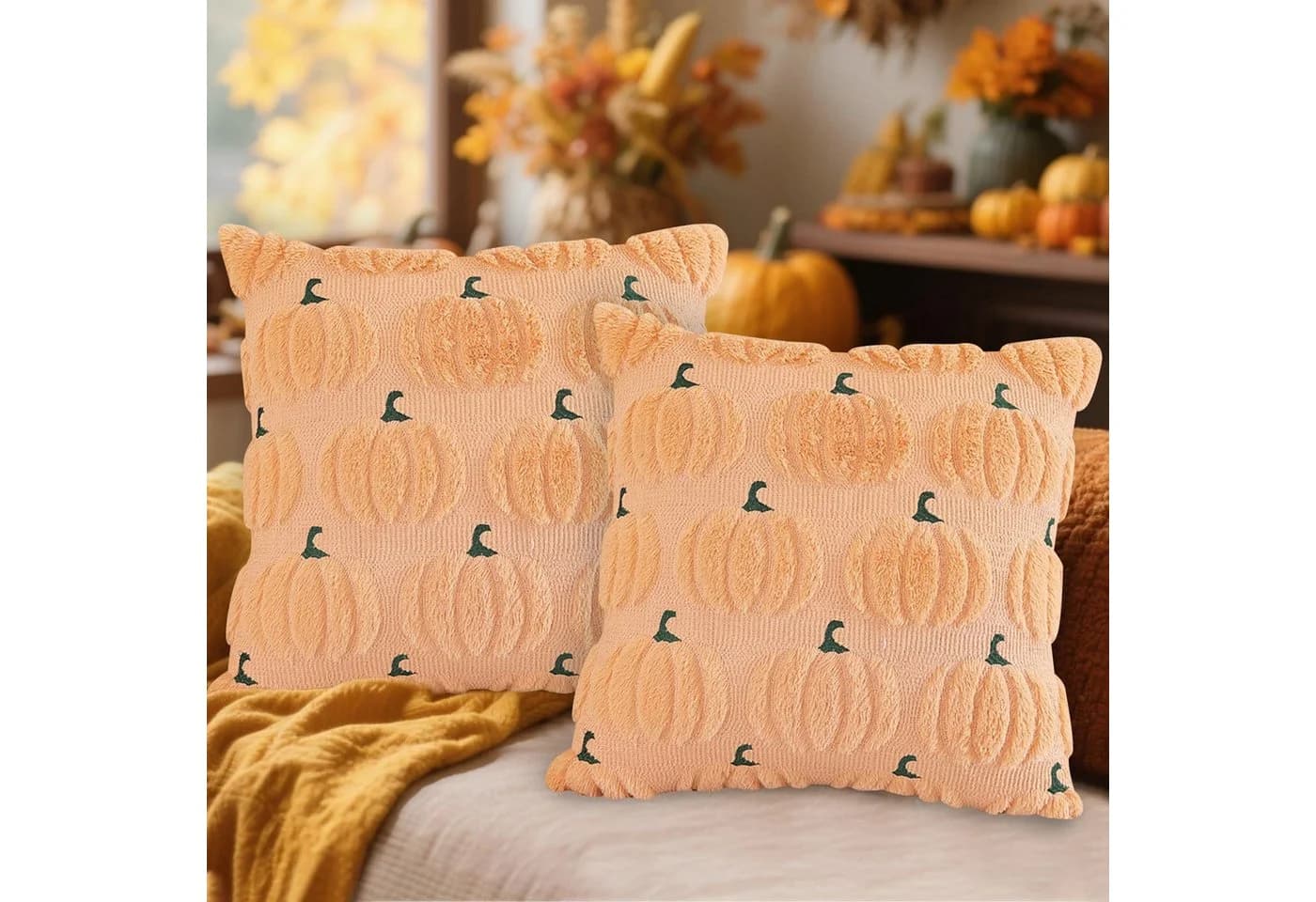 Diwzbyn Kissenbezug Herbst Kürbis Kunstfell 45x45 cm 2er-Set - Bild 5