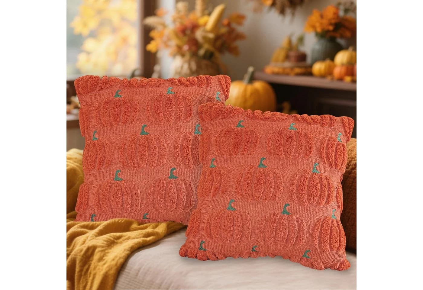 Bomiclss Kissenbezug Herbst Kürbis Kunstfell Rot 45x45 cm 2er-Set