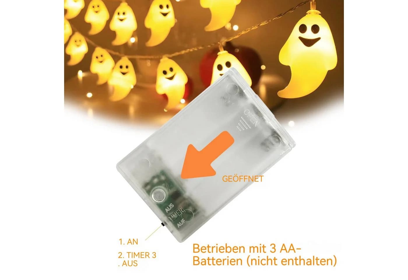 nsihing LED-Lichterkette Halloween 20 LEDs Geist mit Timer - Bild 3