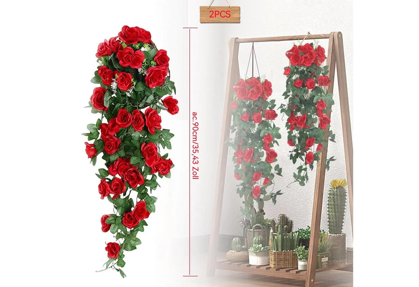 Diwzbyn Kunstblume 2 Stück Rose Hängend 90 cm Rosengirlande Rosa - Bild 3