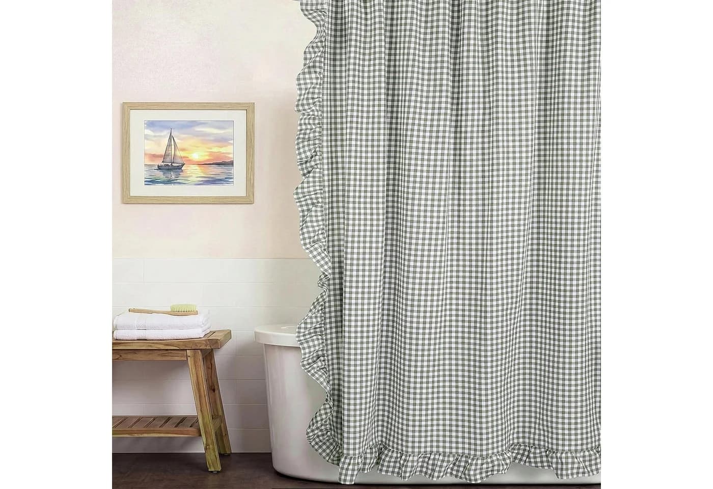 Zyronn Duschvorhang Karomuster Rüschen Landhausstil - Bild 5