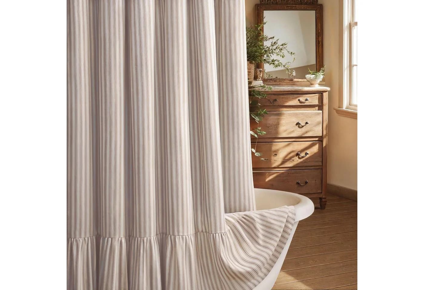 Zyronn Duschvorhang Leinen mit Rüschen Beige Streifen Boho Landhaus