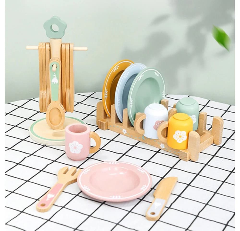 Flintry Spielgeschirr Set Holz mit Tassen Tellern Besteck & Ständer