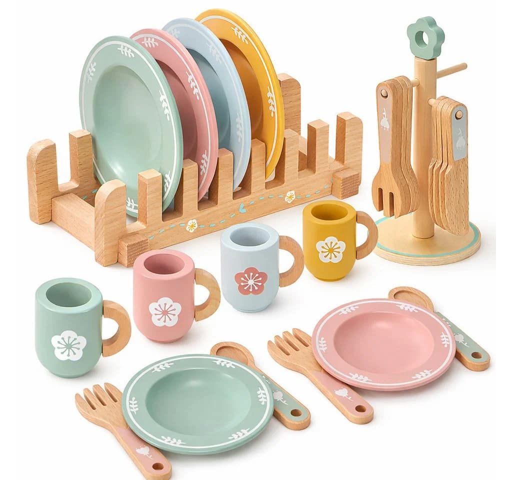 Flintry Spielgeschirr Set Holz mit Tassen Tellern Besteck & Ständer - Bild 2