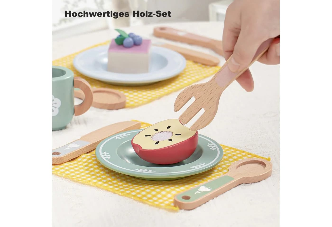Flintry Spielgeschirr Set Holz mit Tassen Tellern Besteck & Ständer - Bild 5