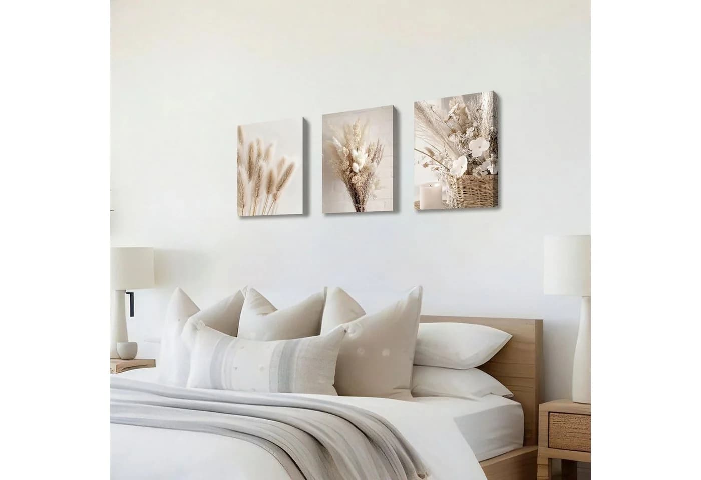Zyronn Wandbild Boho Pampasgras Beige Leinwandbild 3er Set - Bild 3