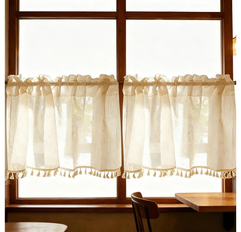 Zyronn Schiebegardine Netzvorhang Leinen-Look Beige Boho - Bild 3